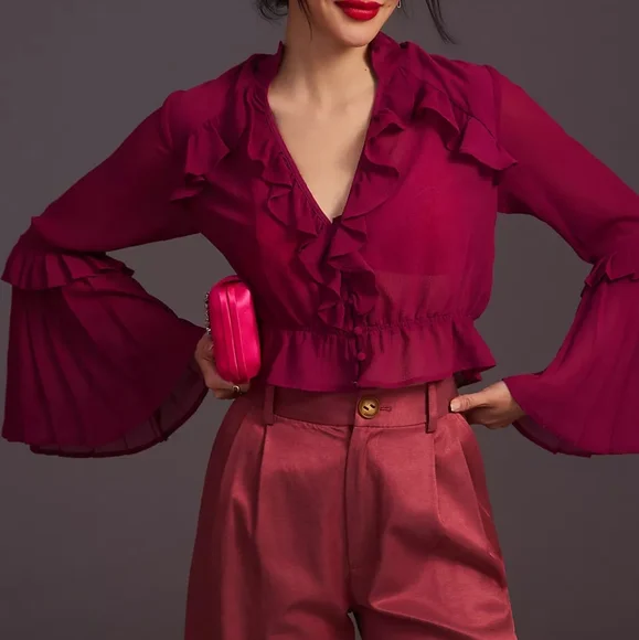 NWT ANTHRO | Sheer V-Neck Blouse - Picture 1 of 5